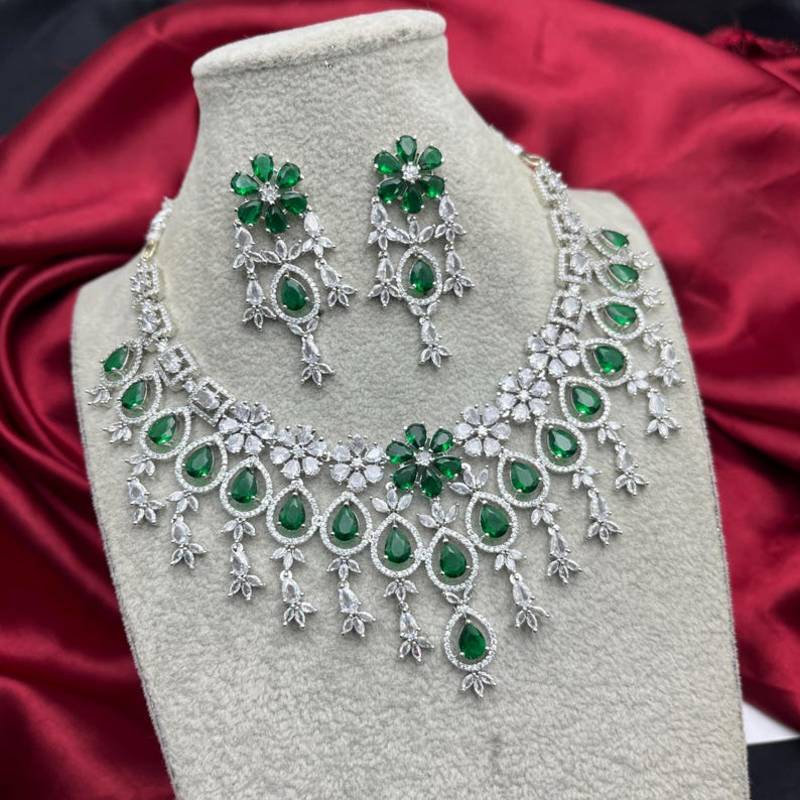 emerald green bridal necklace set  silver cz teardrop statement jewellery