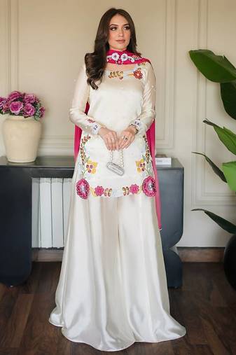 White Color  Multi Embroidery And Bids Moti Work Silk Blend Salwar Suit
