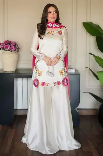 White Color  Multi Embroidery And Bids Moti Work Silk Blend Salwar Suit