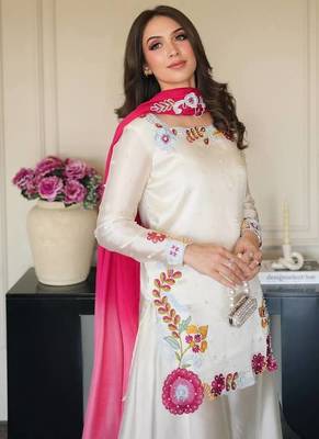 White Color  Multi Embroidery And Bids Moti Work Silk Blend Salwar Suit 2