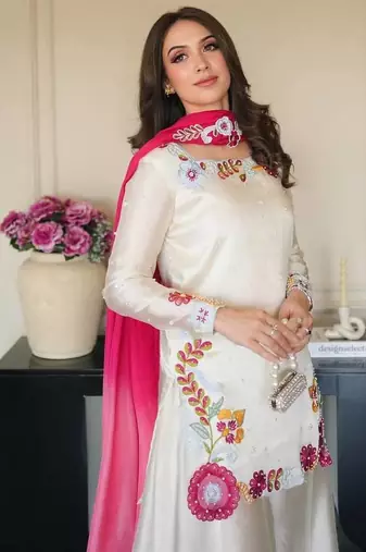White Color  Multi Embroidery And Bids Moti Work Silk Blend Salwar Suit