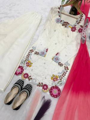 White Color  Multi Embroidery And Bids Moti Work Silk Blend Salwar Suit 4