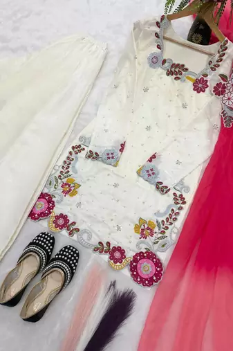 White Color  Multi Embroidery And Bids Moti Work Silk Blend Salwar Suit