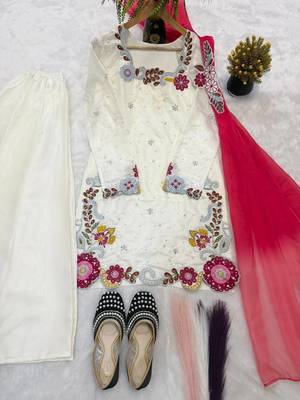 White Color  Multi Embroidery And Bids Moti Work Silk Blend Salwar Suit 5