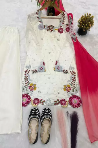 White Color  Multi Embroidery And Bids Moti Work Silk Blend Salwar Suit