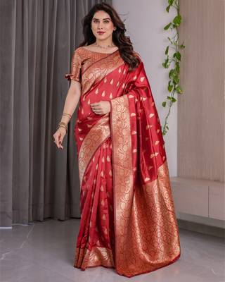 Red elegant zari woven banarasi silk sarees with attached blouse 1