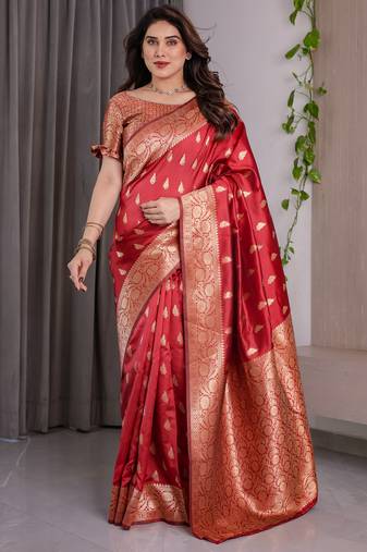 Red elegant zari woven banarasi silk sarees with attached blouse