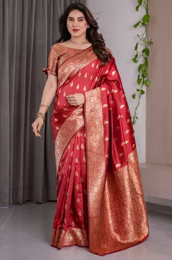 Red elegant zari woven banarasi silk sarees with attached blouse