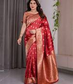 Red elegant zari woven banarasi silk sarees with attached blouse
