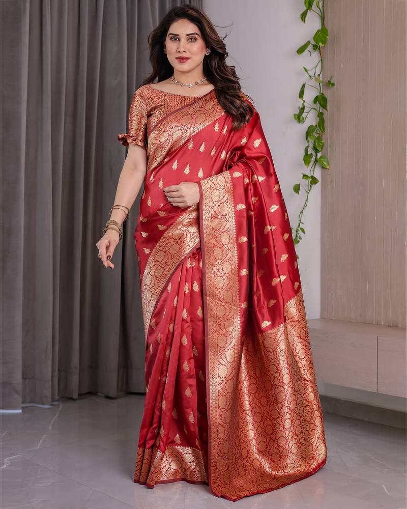 Red elegant zari woven banarasi silk sarees with attached blouse