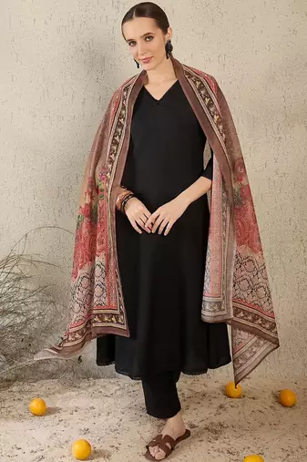 V-Neck A-Line Kurta With Trousers & Dupatta