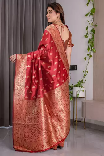 Red elegant zari woven banarasi silk sarees with attached blouse