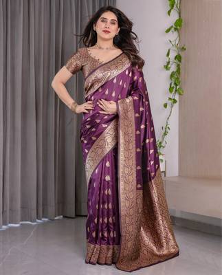 Wine elegant zari woven banarasi silk sarees with attached blouse 1