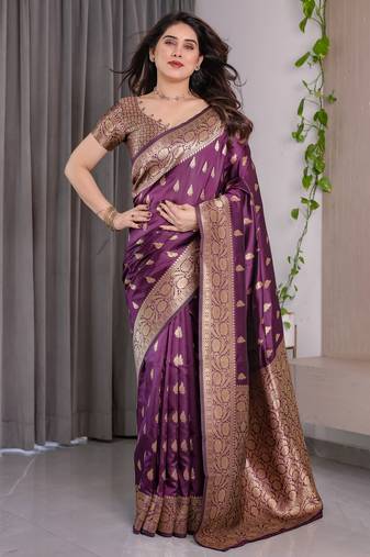 Wine elegant zari woven banarasi silk sarees with attached blouse