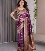 Wine elegant zari woven banarasi silk sarees with attached blouse