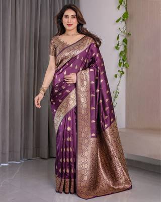Wine elegant zari woven banarasi silk sarees with attached blouse 2