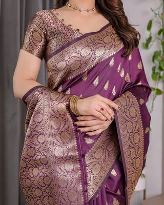 Wine elegant zari woven banarasi silk sarees with attached blouse 4