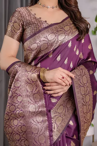 Wine elegant zari woven banarasi silk sarees with attached blouse