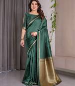 Green elegant zari woven banarasi silk sarees with attached blouse