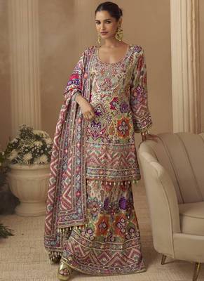 Multicolor crepe silk blend printed kurta palazzo suit with dupatta 1