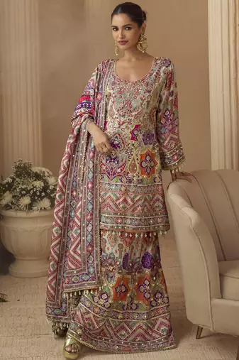 Multicolor crepe silk blend printed kurta palazzo suit with dupatta