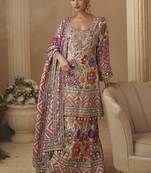 Multicolor crepe silk blend printed kurta palazzo suit with dupatta