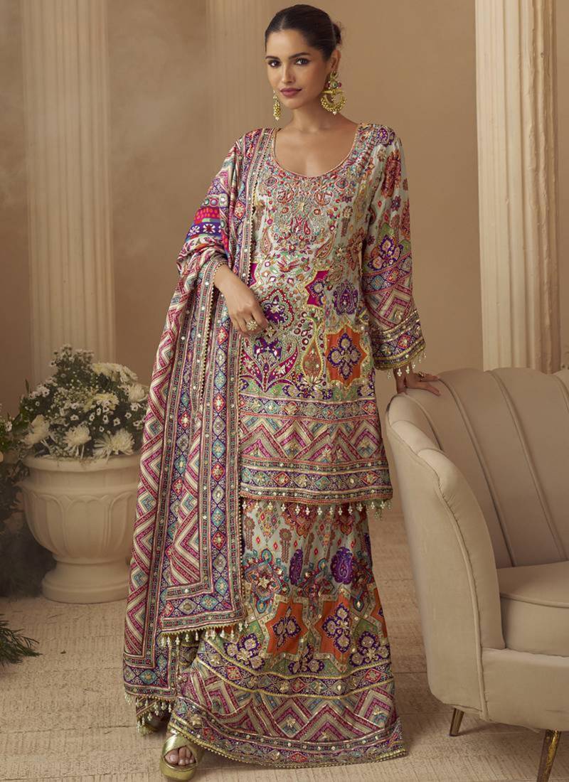 Multicolor crepe silk blend printed kurta palazzo suit with dupatta