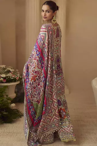 Multicolor crepe silk blend printed kurta palazzo suit with dupatta