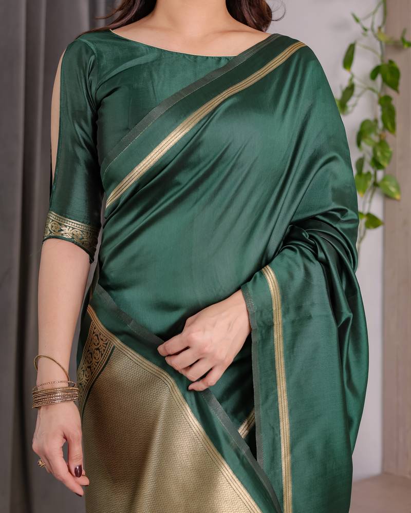 Green elegant zari woven banarasi silk sarees with attached blouse