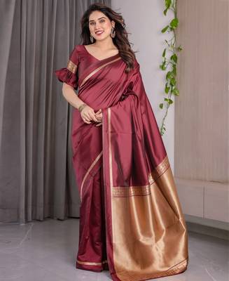 Maroon elegant zari woven banarasi silk sarees with attached blouse 1