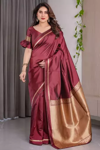Maroon elegant zari woven banarasi silk sarees with attached blouse