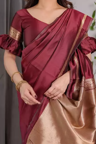 Maroon elegant zari woven banarasi silk sarees with attached blouse