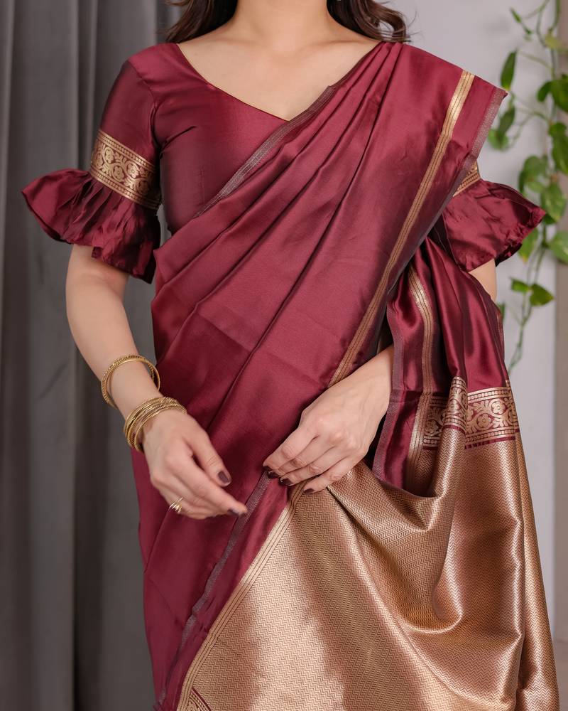 Maroon elegant zari woven banarasi silk sarees with attached blouse