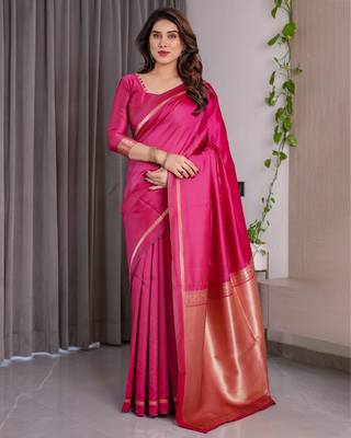 Pink elegant zari woven banarasi silk sarees with attached blouse 1