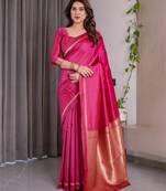Pink elegant zari woven banarasi silk sarees with attached blouse