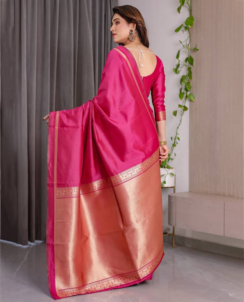 Pink elegant zari woven banarasi silk sarees with attached blouse
