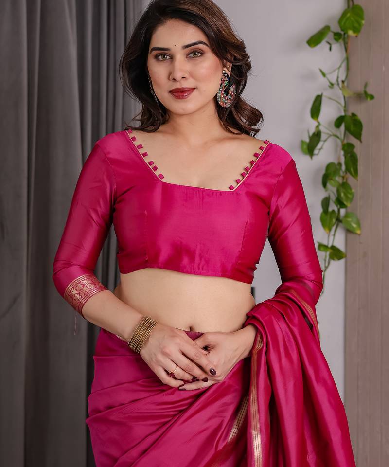 Pink elegant zari woven banarasi silk sarees with attached blouse