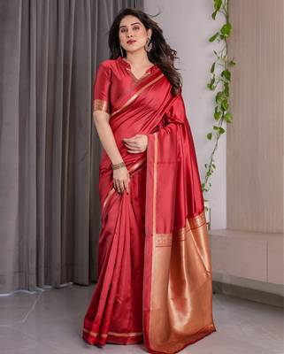 Red elegant zari woven banarasi silk sarees with attached blouse 1