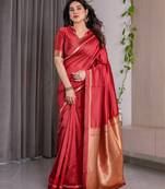 Red elegant zari woven banarasi silk sarees with attached blouse
