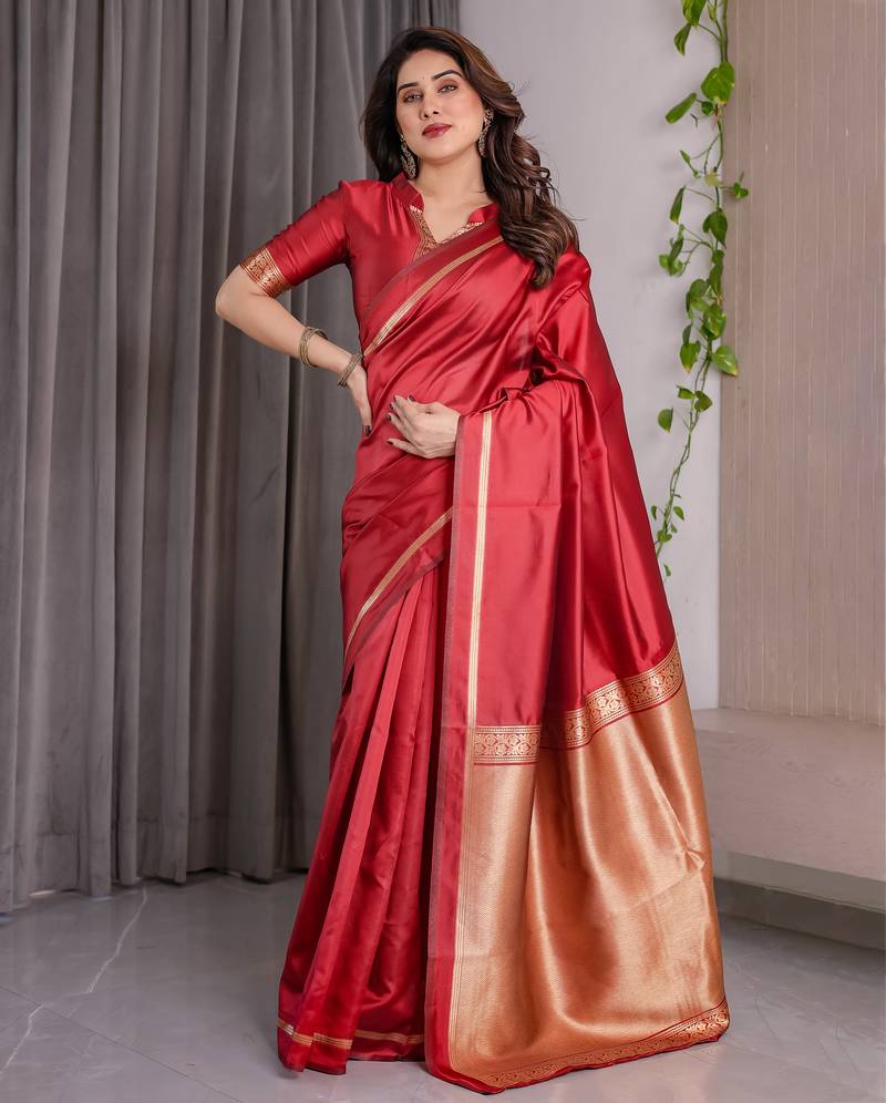 Red elegant zari woven banarasi silk sarees with attached blouse