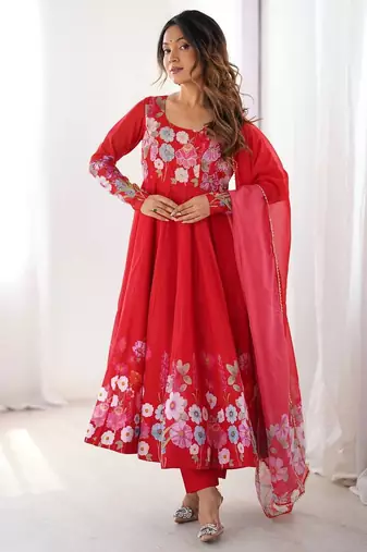  floral printed organza silk blend flared anarkali pant and dupatta set