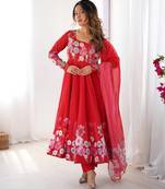 floral printed organza silk blend flared anarkali pant and dupatta set