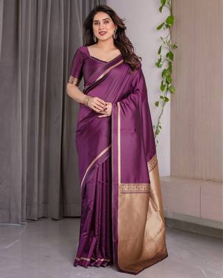Wine elegant zari woven banarasi silk sarees with attached blouse 1