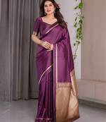 Wine elegant zari woven banarasi silk sarees with attached blouse