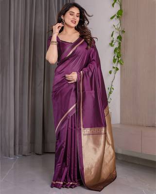 Wine elegant zari woven banarasi silk sarees with attached blouse 2