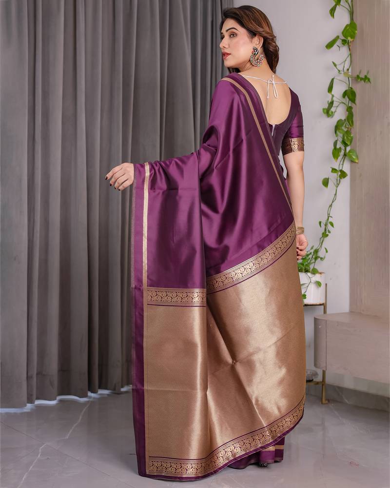 Wine elegant zari woven banarasi silk sarees with attached blouse
