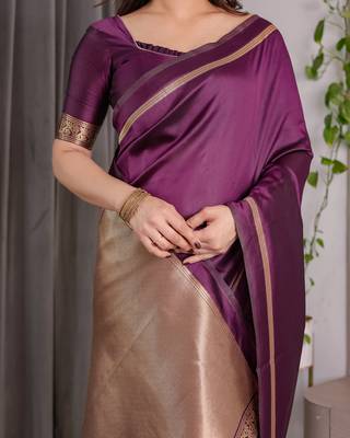 Wine elegant zari woven banarasi silk sarees with attached blouse 5