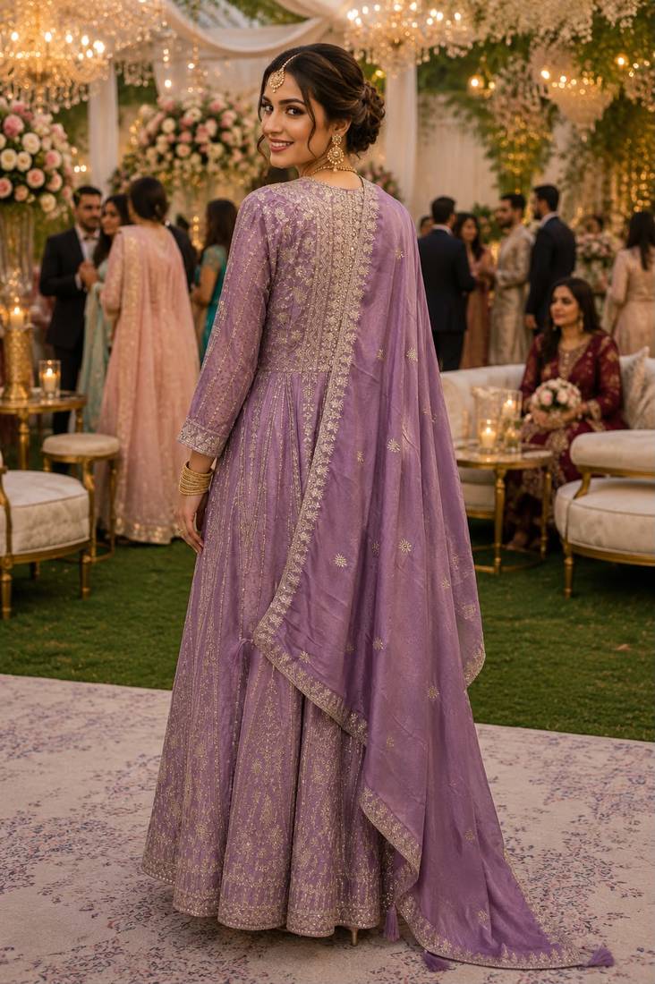 Graceful embroidered lavender chinon silk anarkali gown set with palazzo & dupatta