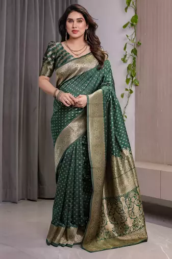 Green elegant zari woven banarasi silk sarees with attached blouse