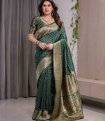 Green elegant zari woven banarasi silk sarees with attached blouse